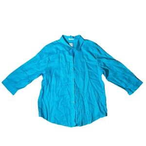 Chicos No-Iron Linen Button Down Shirt Turquoise Blue 3/4 Sleeve Womens Size 2 L